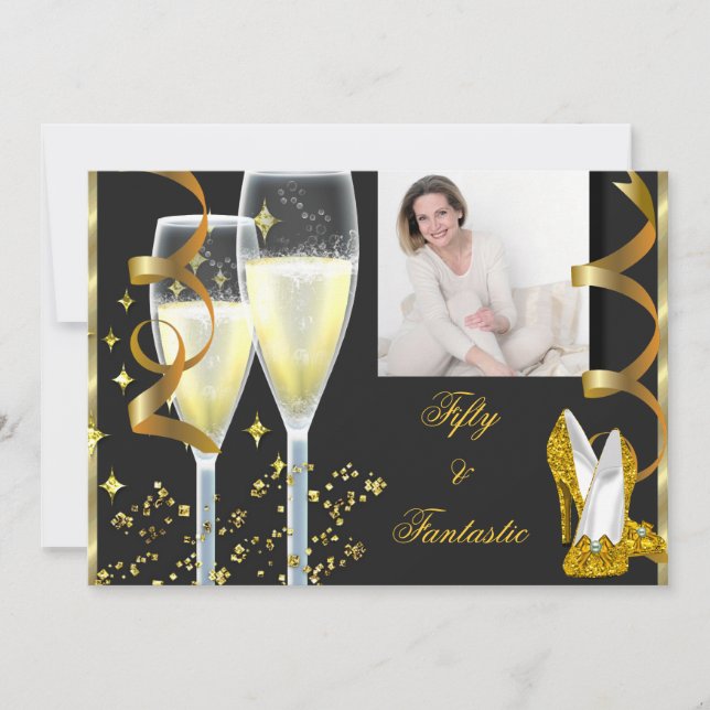 50 & Fantastiska Eleganta Champagne Skor Guld Foto Inbjudningar (Framsida)