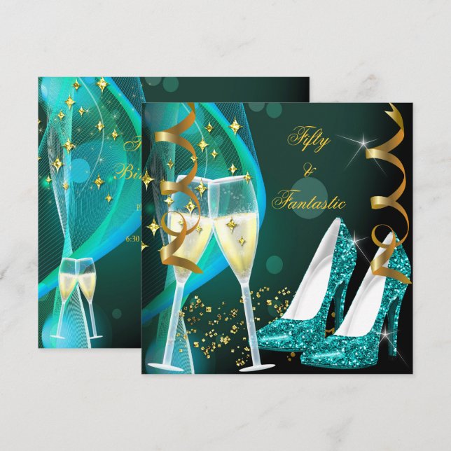50 & Fantastiska Fabulous Guld Teal Glitter Skor Inbjudningar (Fram/baksida)