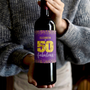50 fantastiska födelsedagskalender lila guld glam  vinflaska etikett