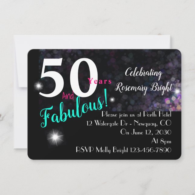 50 fantastiska, glitter på svart, mångsidig inbjudningar (Framsida)