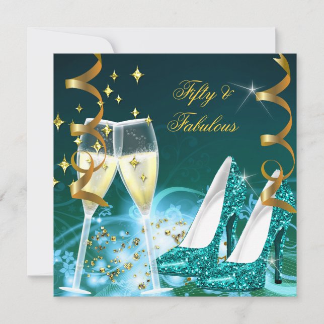 50 & Fantastiska Guld Teal Glitter Klackar Party Inbjudningar (Framsida)