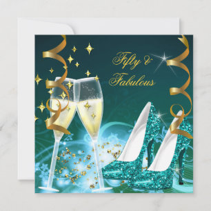 50 & Fantastiska Guld Teal Glitter Klackar Party Inbjudningar