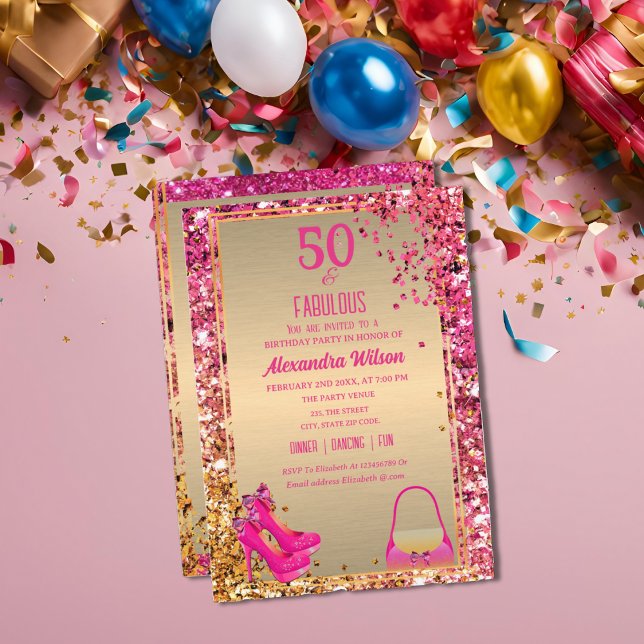 50& fantastiska högklackade skor Guld Rosa glitter Inbjudningar (Skapare uppladdad)