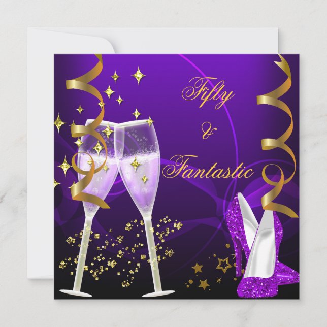 50 & Fantastiska lila guld champagne skor Inbjudningar (Framsida)