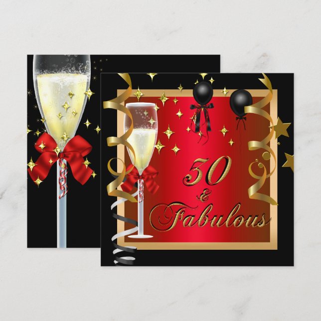 50 fantastiska röda guld svarta födelsedagsfest inbjudningar (Fram/baksida)