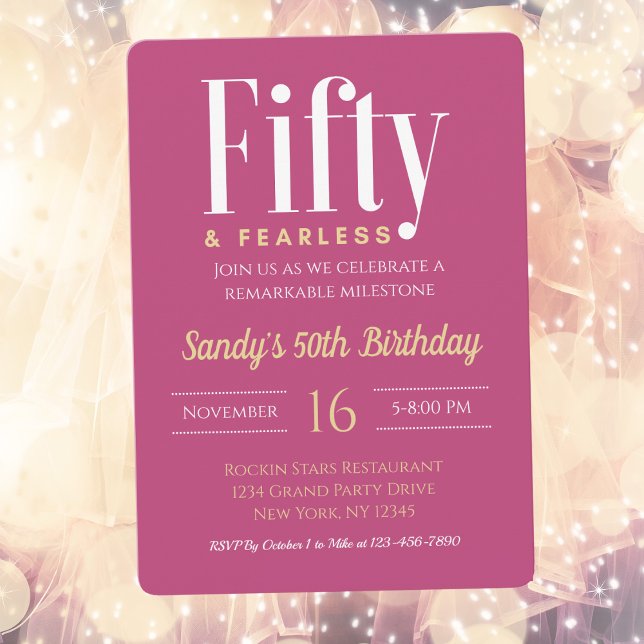 50 & Fearless Birthday Elegant Modern Rosa Anpassn Inbjudningar (Skapare uppladdad)