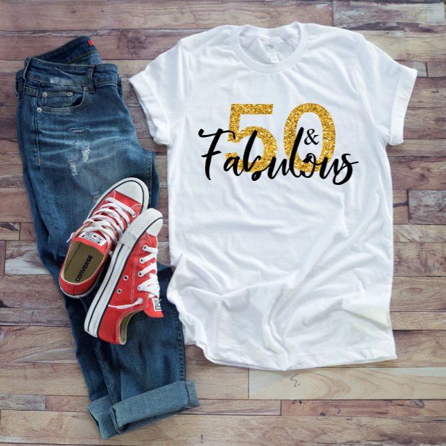 50 Femtio och fantastisk guld glitter penselskrift T Shirt (Skapare uppladdad)