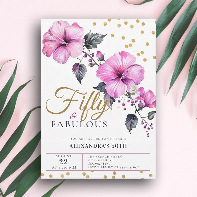 50 Fet Hibiscus Tropical 50:e födelsedagen Inbjudningar (50 and fabulous hibiscus tropical floral birthday party invitation)
