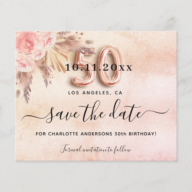 50 födelsedagspampas ro budget spara datumet flygblad (Framsidan)