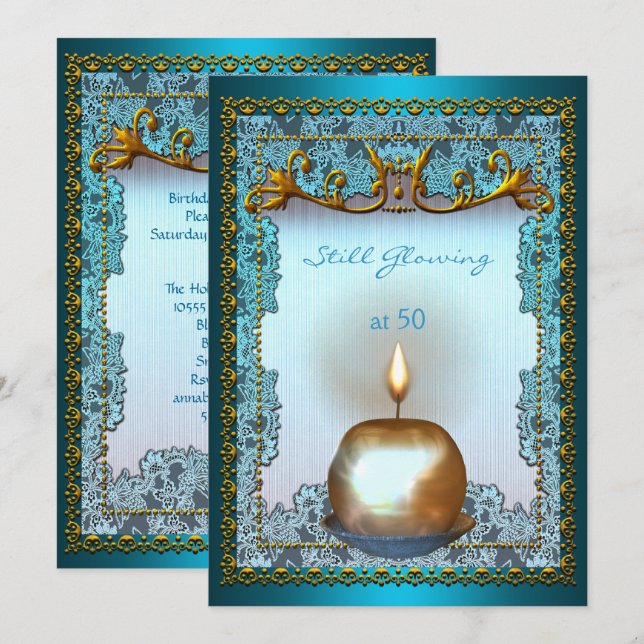 50 Fortfarande Lysande Födelsedags Teal Guld Ljus Inbjudningar (Fram/baksida)