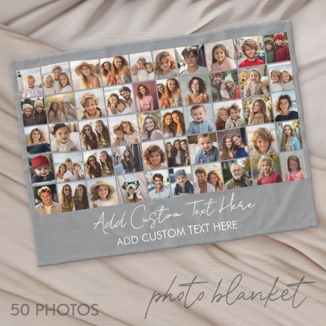 50 Fotocollage Grid - Skripttext - grå Fleecefilt (Photo Blanket - Custom Pictures in a Collage)