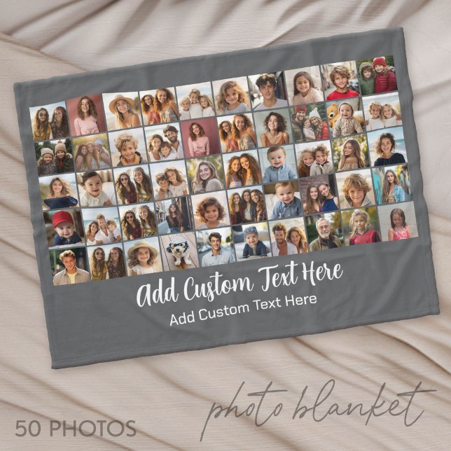 50 Fotocollage Grid - Skripttext - grå Fleecefilt (Photo Blanket - Custom Pictures in a Collage)