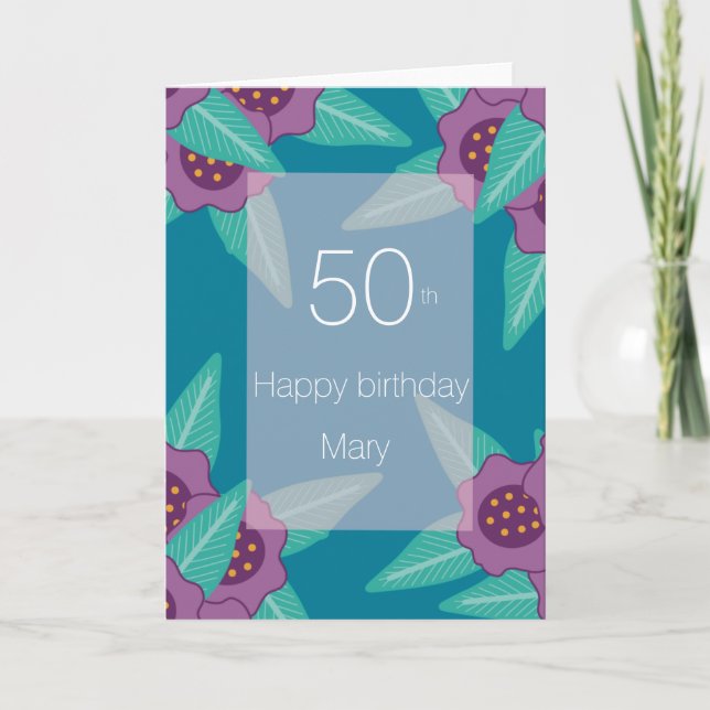 50 glad födelsedag blommande blå turkos modern helgkort (Framsida)