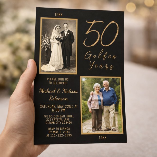 50 gyllene år 50-års bröllopsjubileum Guld Inbjudningar (Hand-held 5 × 7 invitation to show real print size and scale)