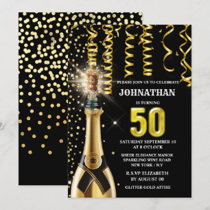 50 milstolpe mousserande vin guld svart glitter inbjudningar