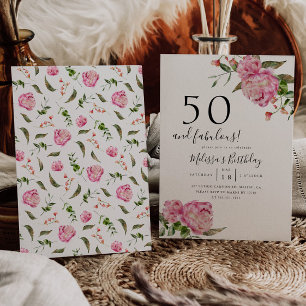 50 och Blommigt för Födelsedagsfestens Rosa Inbjudningar