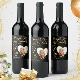 50 och Fab Birthday Photo Tack Black och Guld Vinflaska Etikett