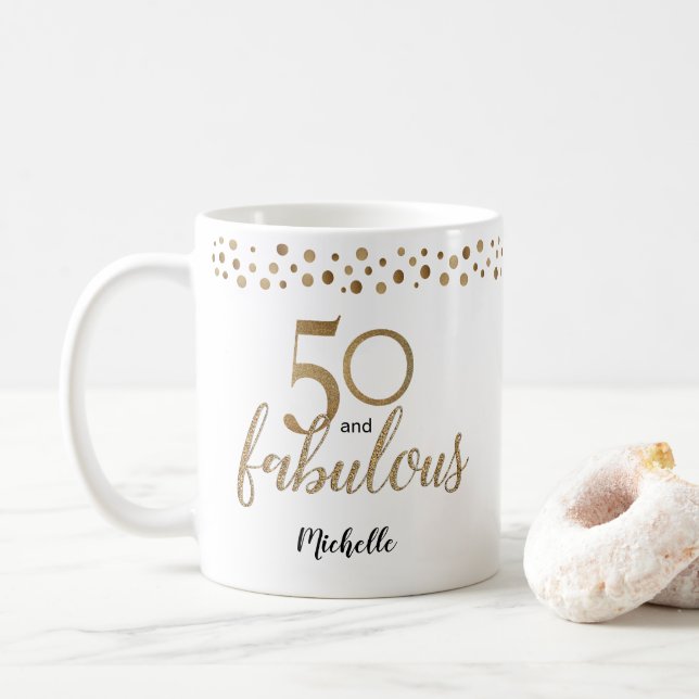 50- och Fabulous 50-årsdag-konetti guld Kaffemugg (Med munk)