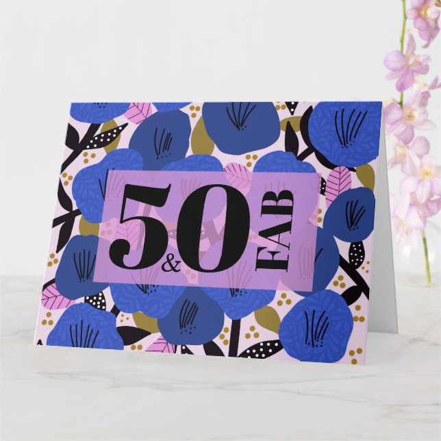 50 och Fabulous 50:e Birthday Blue-Blommönster Kort (Orkide)
