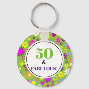 50 och Fabulous 50:e Birthday Lila Grönt Blommigt Nyckelring