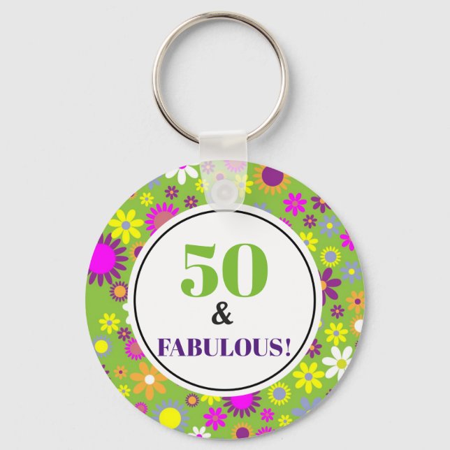 50 och Fabulous 50:e Birthday Lila Grönt Blommigt Nyckelring (Framsida)