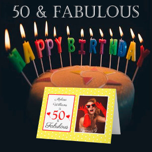 50 och Fabulous 50:e födelsedag Foto Gult Red Dot Kort