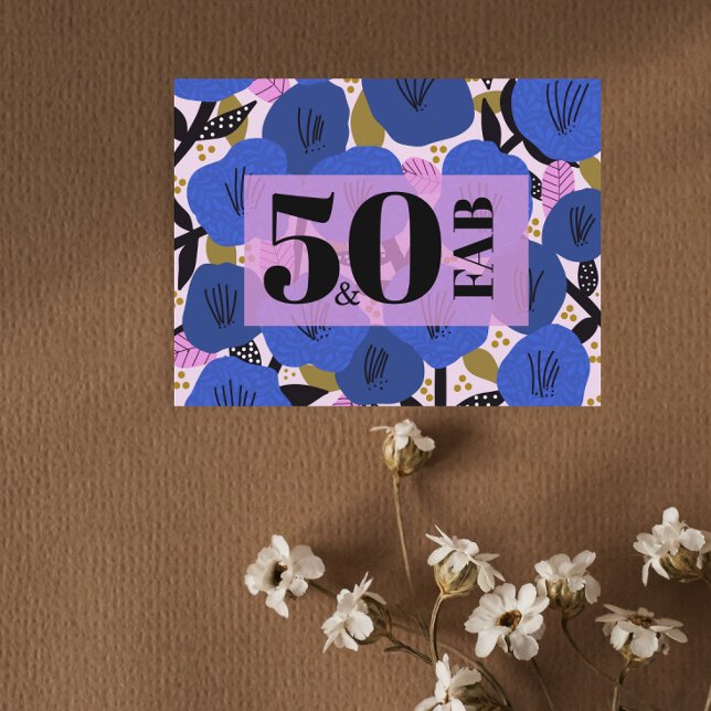 50 och Fabulous 50:e födelsedagen Blue Guld Blommi Vykort (Skapare uppladdad)