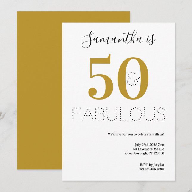 50 och Fabulous 50:e födelsedagen Guld Party Inbjudningar (Fram/baksida)