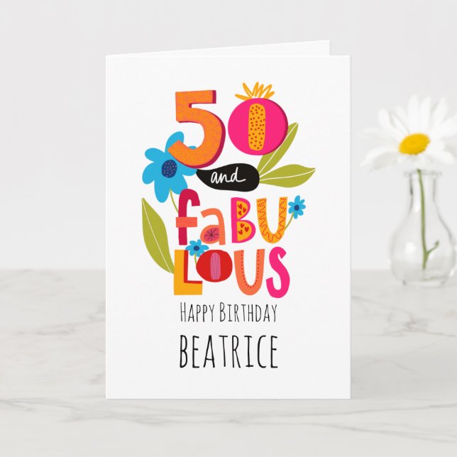 50 och Fabulous 50:e födelsedagen Whimsical Letter Kort (Liten växt)