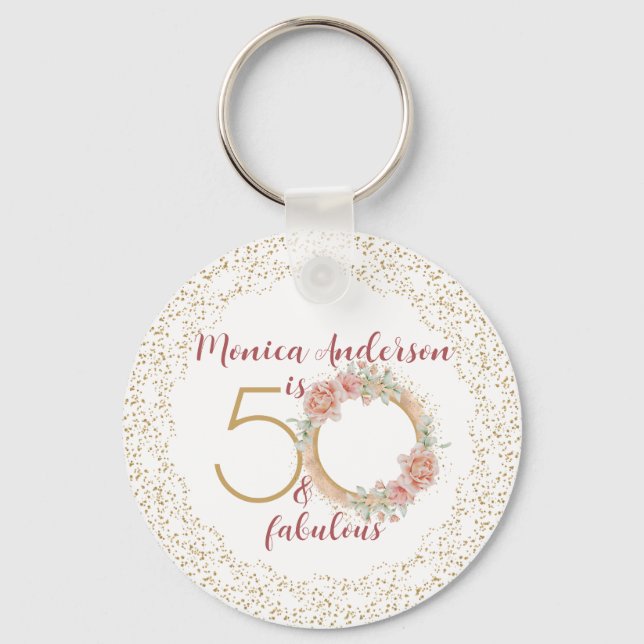 50 och Fabulous 50:e Födelsedagsfesten Glitter Nam Nyckelring (Framsida)