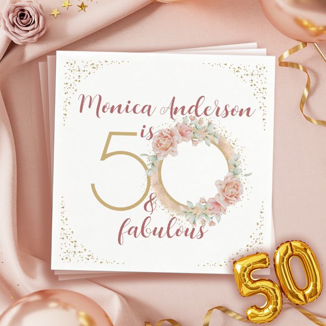 50 och Fabulous 50:e Födelsedagsfesten Glitter Nam Pappersservett (50 and Fabulous Pink Floral Gold Photo Birthday Napkins)