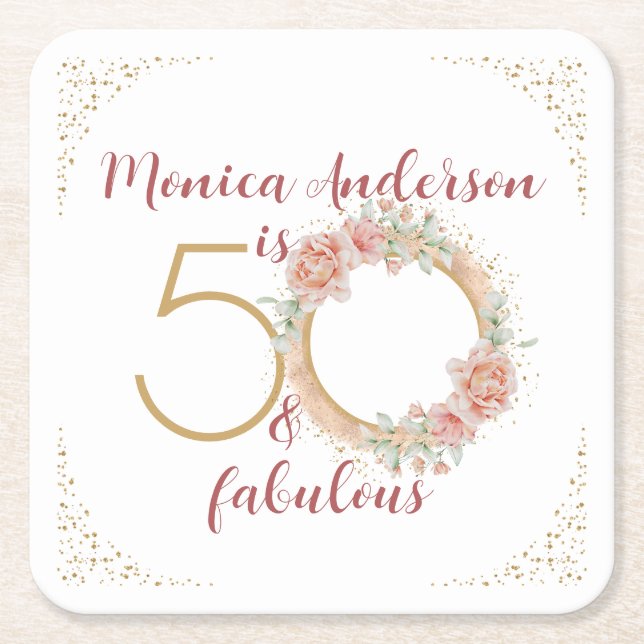 50 och Fabulous 50:e Födelsedagsfesten Glitter Nam Underlägg Papper Kvadrat (Framsidan)