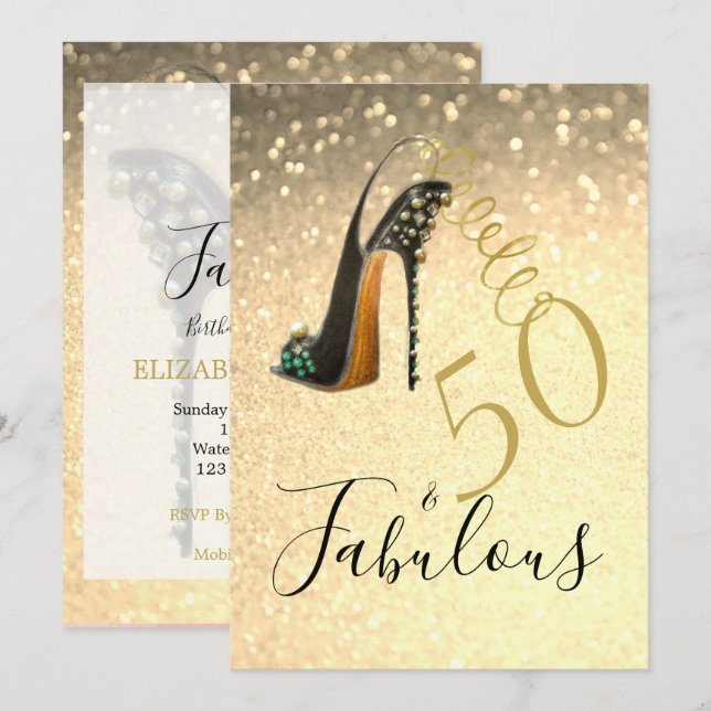 50 och Fabulous 50 Elegant Glitter Guld Inbjudningar (Fram/baksida)