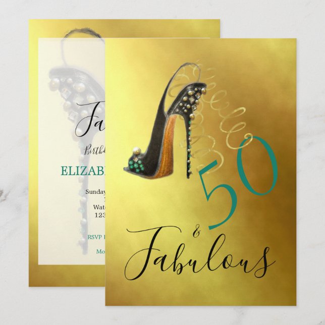 50 och Fabulous 50 Elegant Guld Snyggt Chic Inbjudningar (Fram/baksida)