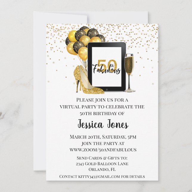 50 och Fabulous 50 Virtuell Birthday Guld Inbjudningar (Framsida)