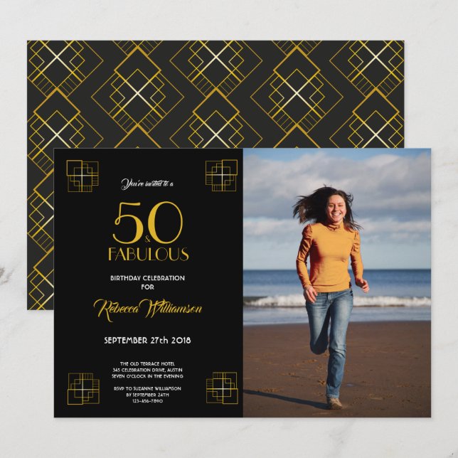 50 och Fabulous Birthday bjudation Art Deco stil Inbjudningar (Fram/baksida)