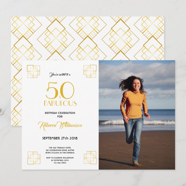 50 och Fabulous Birthday bjudation Art Deco stil Inbjudningar (Fram/baksida)