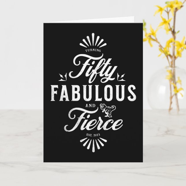 50 och Fabulous Birthday Black and White Dinosaur Kort (Gul blomma)