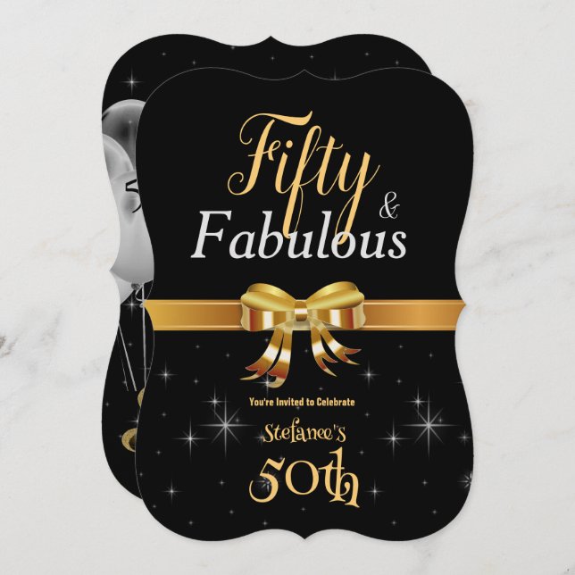 50 och Fabulous Birthday Black & Guld Inbjudningar (Fram/baksida)