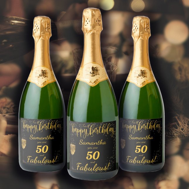50 och Fabulous Birthday Black och Guld (50 and Fabulous Birthday Template design in black and gold, a glass of champagne and sparkles... )