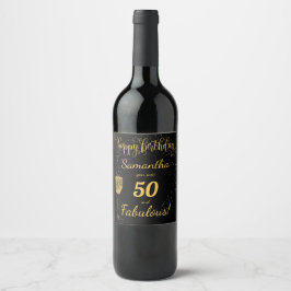 50 och Fabulous Birthday Black och Guld Vinflaska Etikett