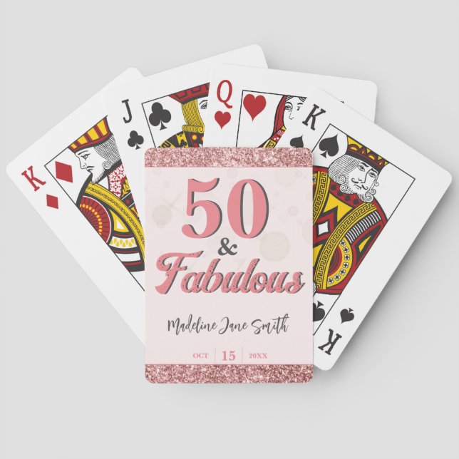 50 och Fabulous Birthday Elegant Ro Rosa Glitter Casinokort (Baksidan)