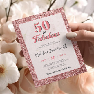 50 och Fabulous Birthday Elegant Ro Rosa Glitter Inbjudningar