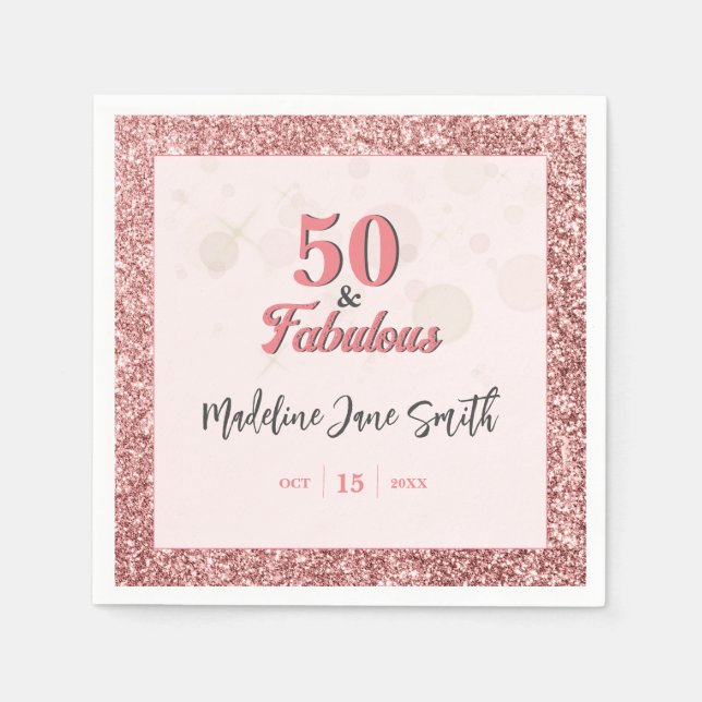 50 och Fabulous Birthday Elegant Ro Rosa Glitter Pappersservett (Framsidan)