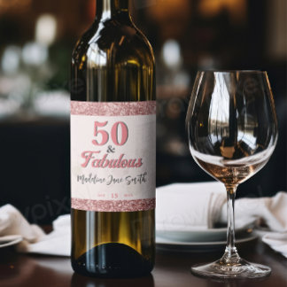 50 och Fabulous Birthday Elegant Ro Rosa Glitter Vinflaska Etikett