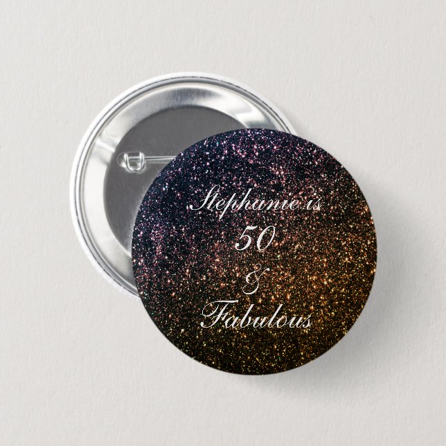50 och Fabulous Birthday Guld Black Golden Glitter Knapp (Framsida & baksida)