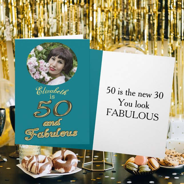 50 och Fabulous Birthday Guld Teal Blue 50:e Namn Kort (50 and Fabulous Birthday Gold Teal Blue 50th Name Card)