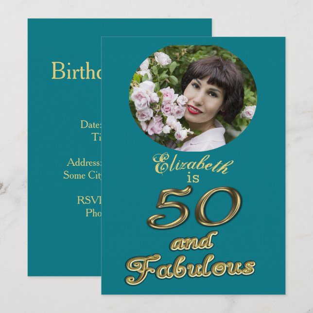 50 och Fabulous Birthday Guld Teal Blue 50 th Age Inbjudningar (Fram/baksida)