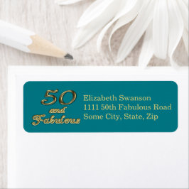 50 och Fabulous Birthday Guld Teal Blue Adress Returadress Etikett