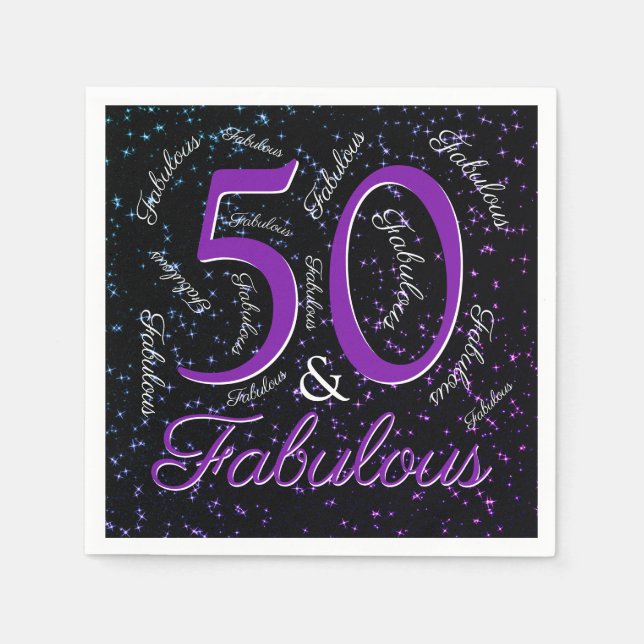 50 och Fabulous Birthday Lila Black Elegant Pappersservett (Framsidan)